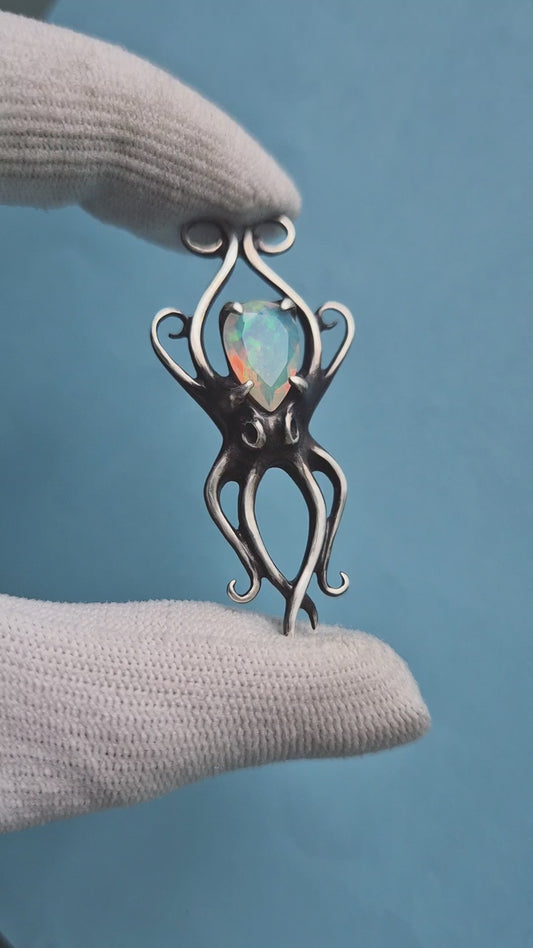 Silver Octopus necklace - Natural Opal gem - Handmade Ocean jewelry
