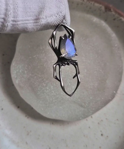 Blue fog Spider pendant with a labradorite cabochon, Witchy silver talisman