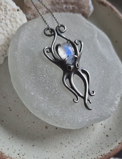 Lunar Octopus pendant with a rainbow moonstone cabochon gem, Mermaid silver jewelry