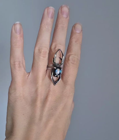 Enigma Spider ring - Made to Order - with a faceted London blue Topaz gem, Witchy silver jewelry