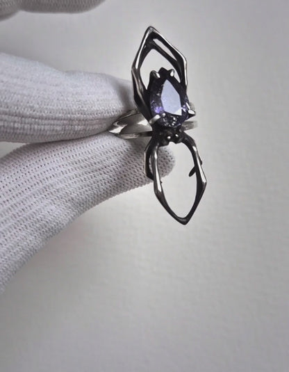 Night Sky Spider ring with a faceted iolite sunstone gem, Witchy silver jewelry