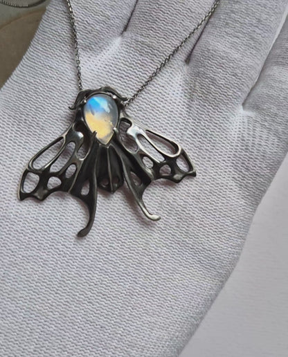 Lunar Moth Pendant, Silver Talisman with a rainbow moonstone gem