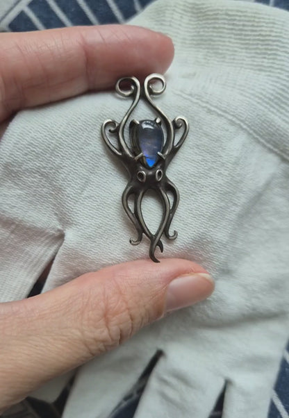 Silver Octopus necklace - Blue Labradorite gem - Handmade silver jewelry
