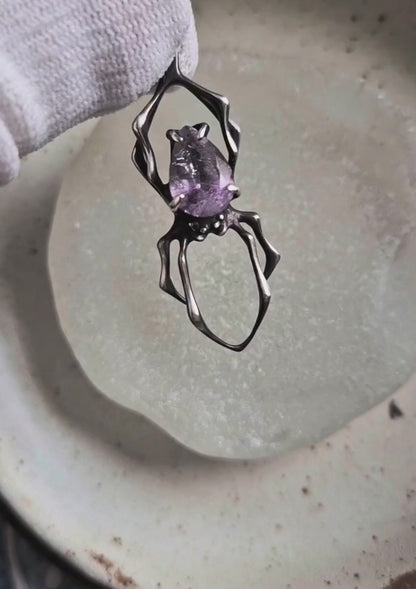 Echo Spider pendant with a faceted Super Seven gem, Witchy silver talisman