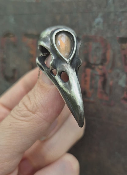 Golden sheen Three-eyed Raven Skull pendant with a labradorite cabochon gem, handmade Norse witch silver talisman