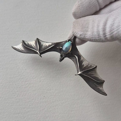 Silver Bat Pendant with Blue Labradorite, Handmade Gothic TalismanBat pendant ! Made to Order! with a light blue labradorite gem, handmade Witchy / Vampire cosplay talisman