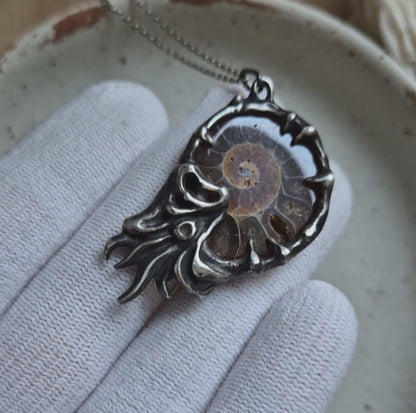 Nautilus pendant, handmade silver amulet with an authentic ammonite fossil