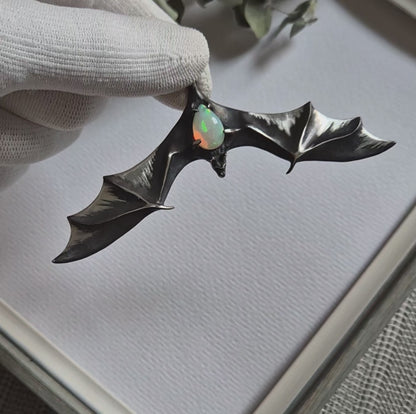 Opal Bat pendant - Made to Order, Witchy silver talisman