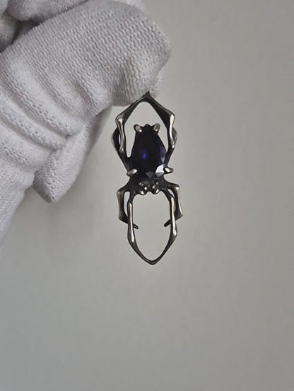 Night sky spider pendant with an iolite sunstone gem, Witchy silver talisman