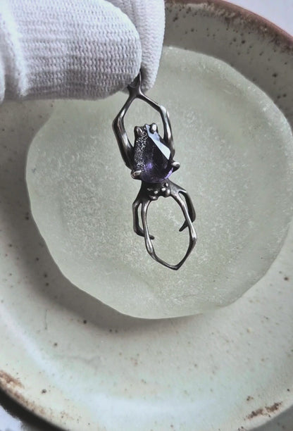 Starry Night Spider pendant with iolite sunstone gem, Witchy silver amulet