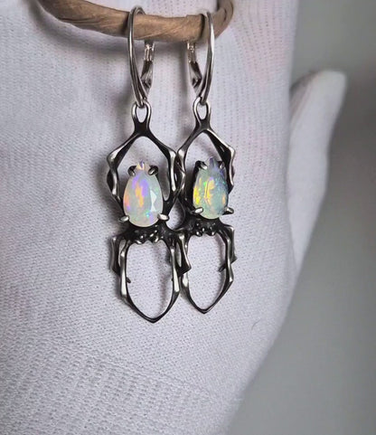 Opal Spider earrings - Made to Order! - with faceted opal gems, handmade Witchy silver jewelry