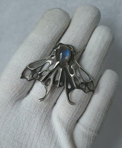 Blue Aurora Moth pendant - Made to Order - with a blue labradorite cabochon gem, silver talisman