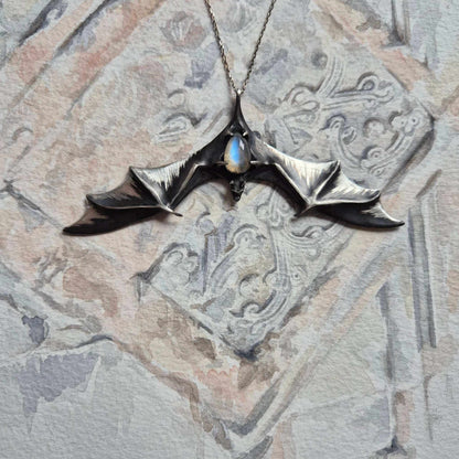 Silver Bat Pendant - Made to Order - Handmade Gothic Talisman with a light blue labradorite gem, handmade Witchy / Vampire cosplay talisman