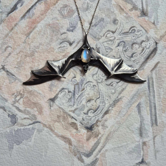 Silver Bat Pendant - Made to Order - Handmade Gothic Talisman with a light blue labradorite gem, handmade Witchy / Vampire cosplay talisman