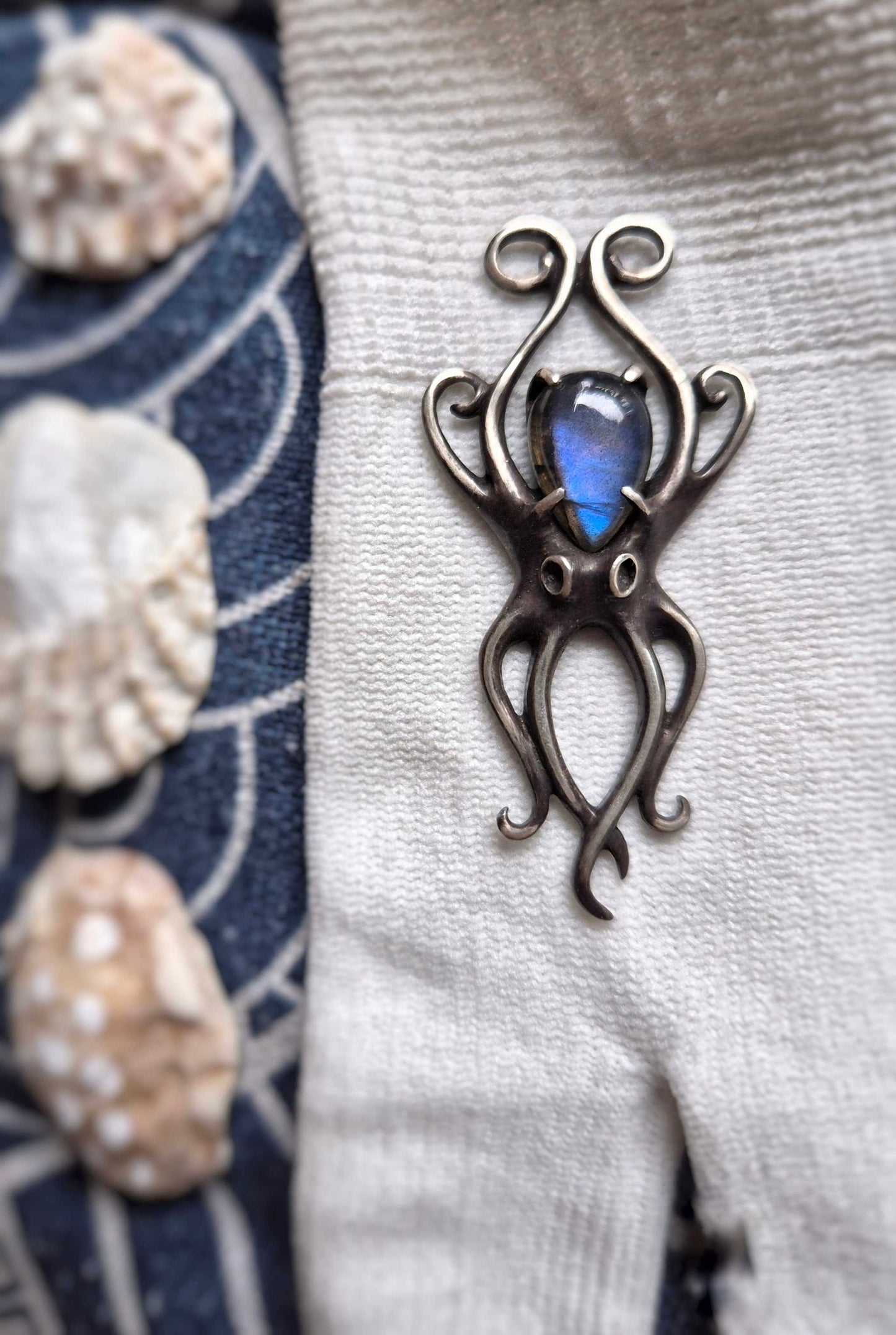 Silver Octopus necklace - Blue Labradorite gem - Handmade silver jewelry