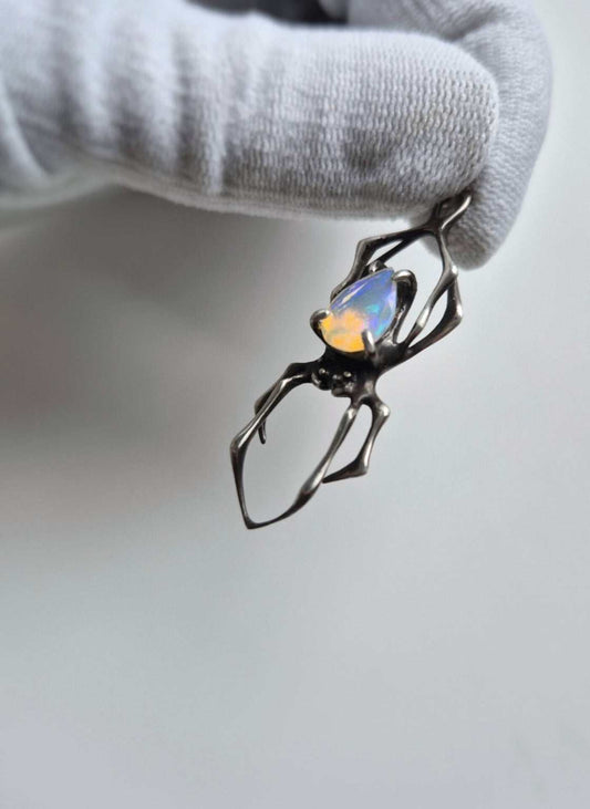 ace in Sterling silver with natural Opal gem with translucent body and colorful fire, on white background