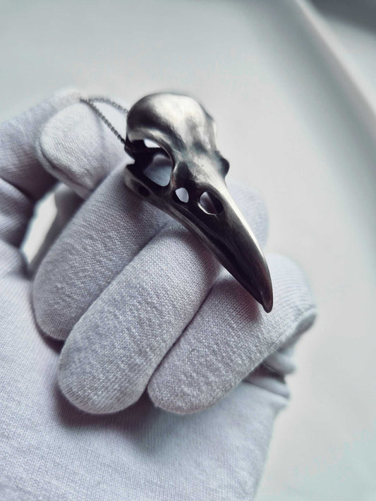 raven skull necklace in sterling silver