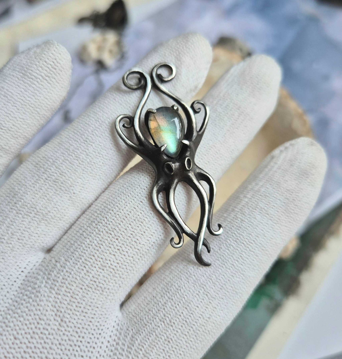 Silver octopus pendant, Mermaid silver jewelry octopus on hand