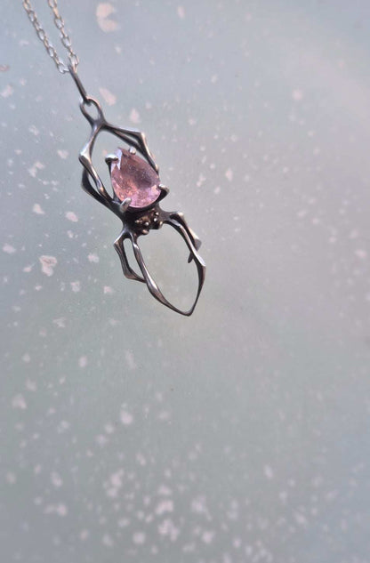 Silver spider Necklace – Tourmaline gem - Handmade silver jewelry