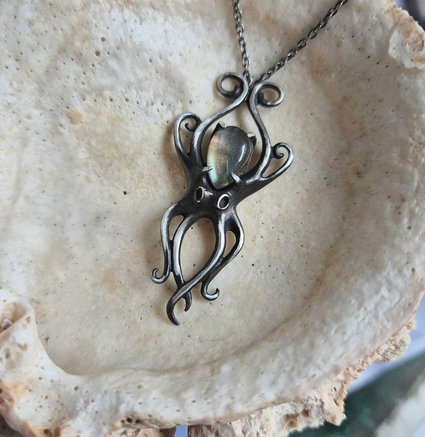 Silver octopus pendant, Mermaid silver jewelry octopus on plate side