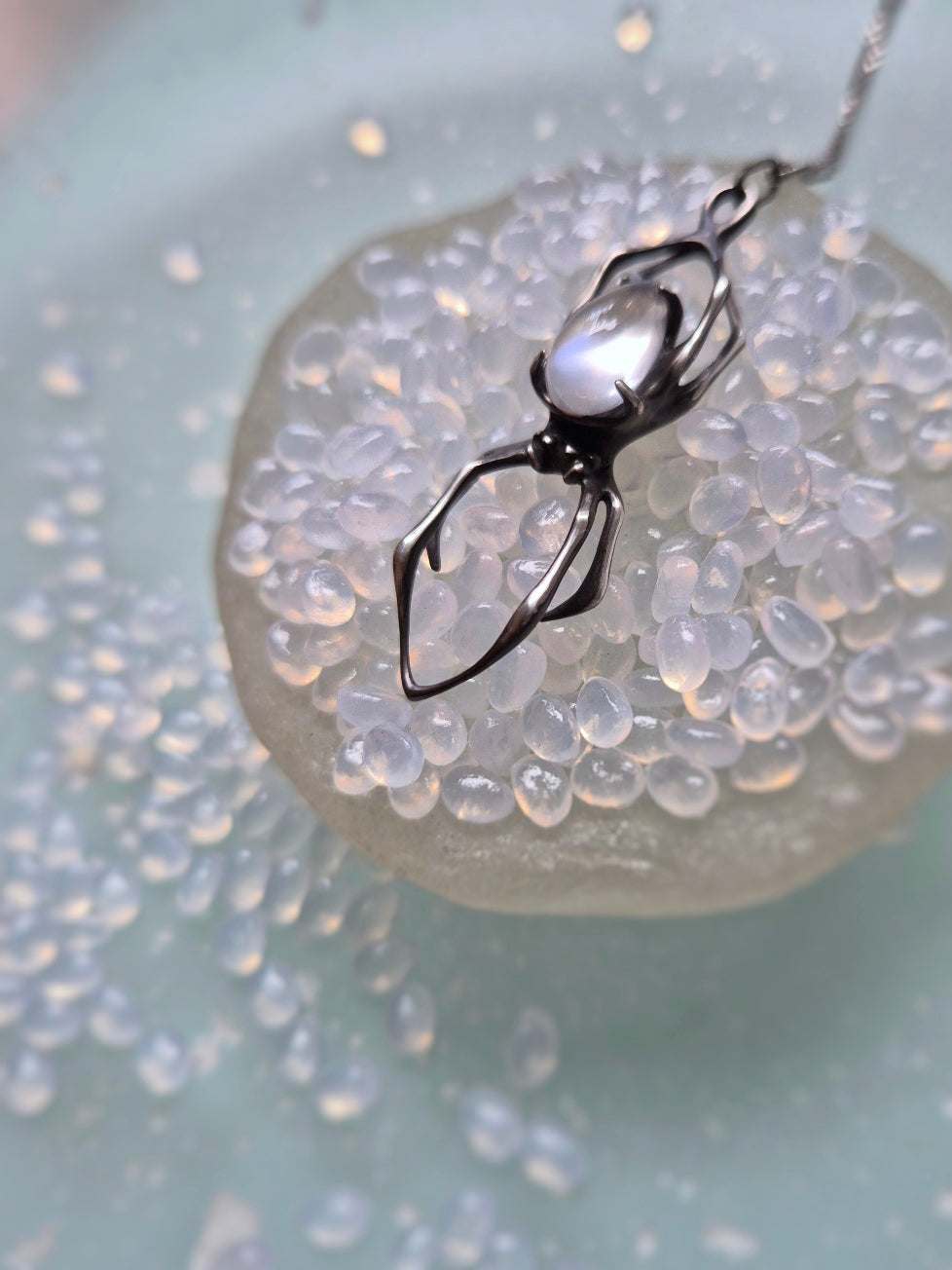 Artistic composition of silver spider necklace with moonstone and shell accent