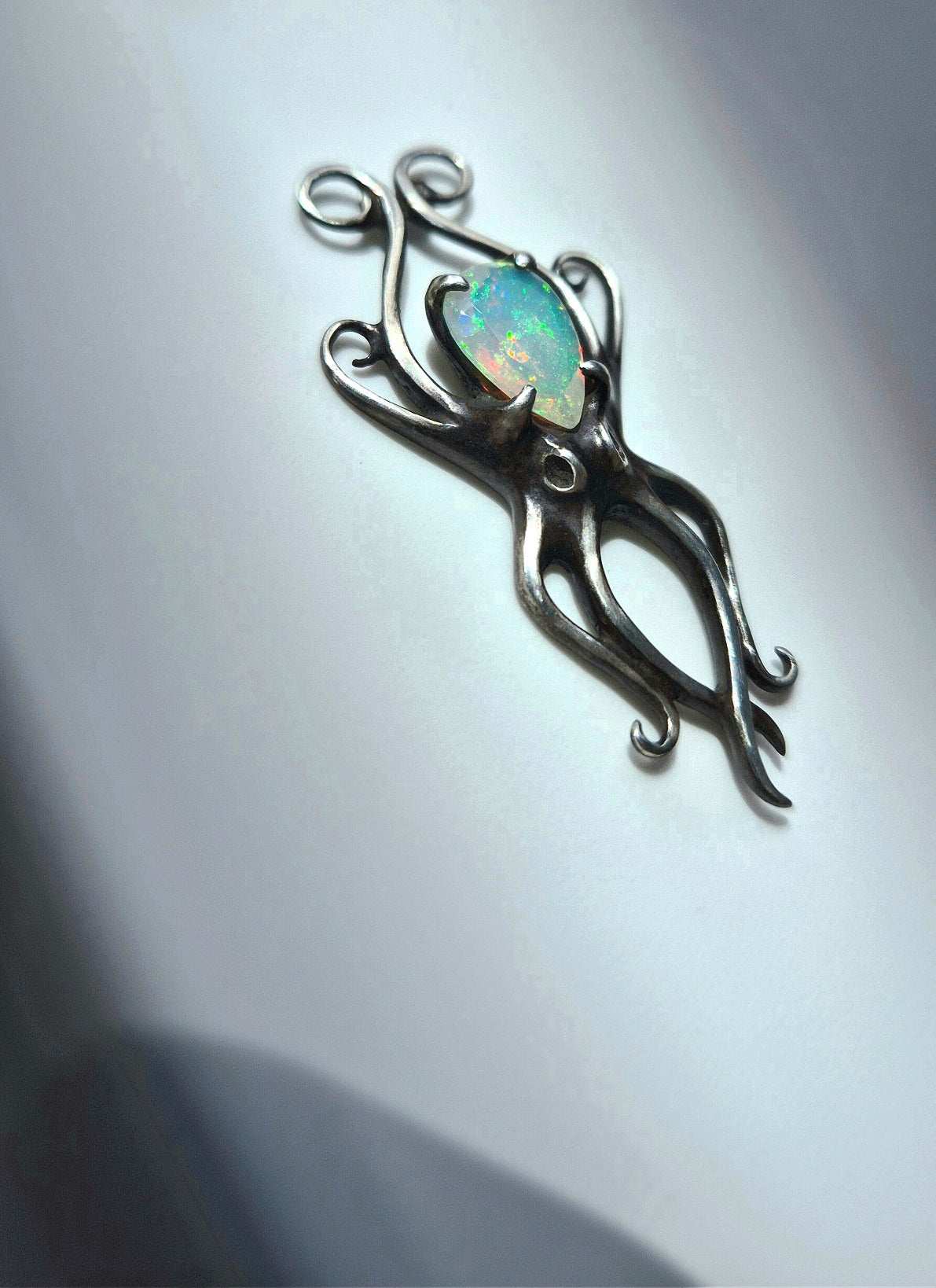 Silver Octopus necklace - Natural Opal gem - Handmade Ocean jewelry