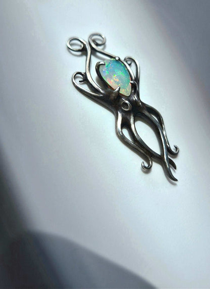 Silver Octopus necklace - Natural Opal gem - Handmade Ocean jewelry
