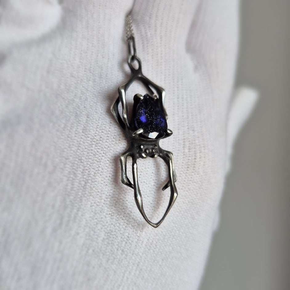 Night sky spider pendant with an iolite sunstone gem, Witchy silver talisman