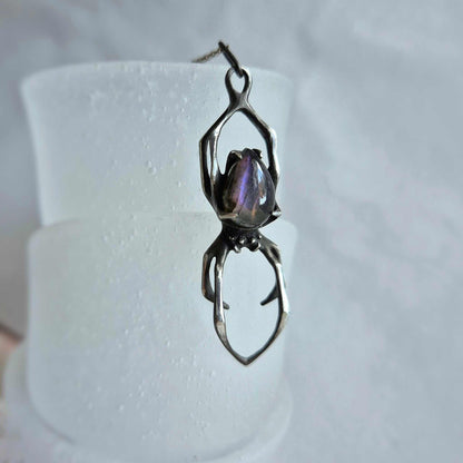 Lavender spider pendant with a purple/lavender labradorite cabochon gem, handmade Witchy silver talisman