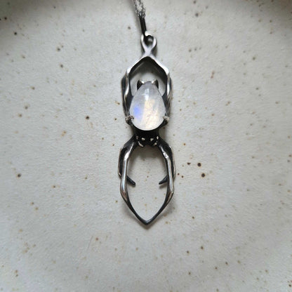 Lunar Spider pendant with a labradorite cabochon, handmade Witchy silver amulet