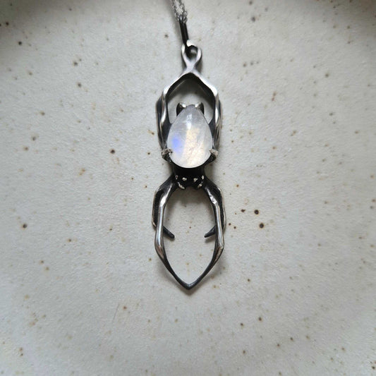 Lunar Spider pendant with a labradorite cabochon, handmade Witchy silver amulet