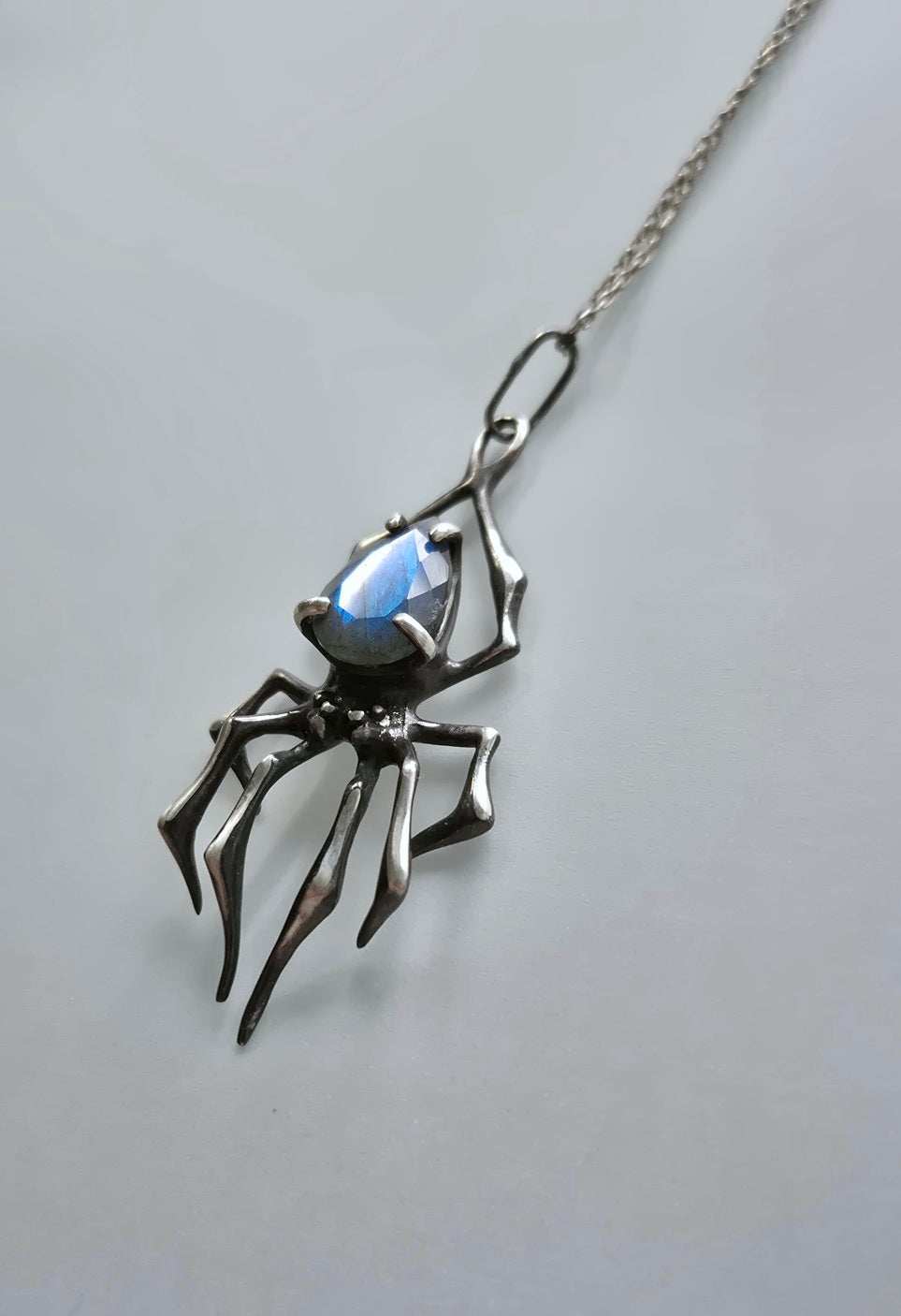 Spider necklace with blue labradorite gem on chain