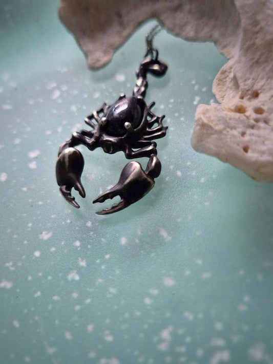 close-up of a silver Scorpion necklace with black gemstone on dark turquoise background