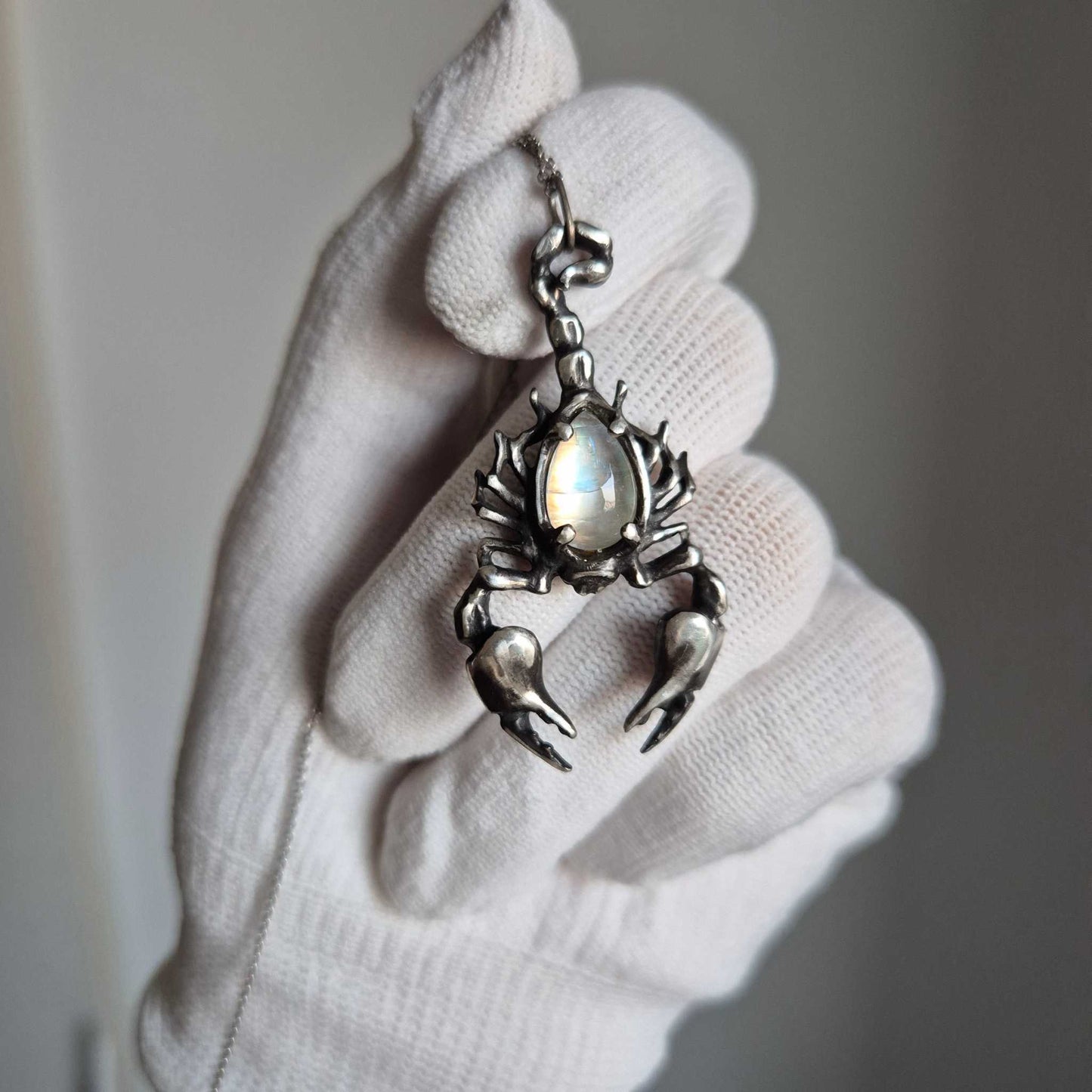 Lunar Scorpion pendant with a moonstone cabochon gem; Witchy silver jewelry