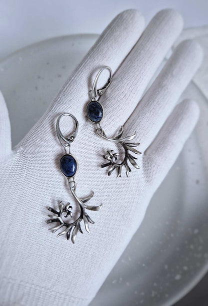 Fern earrings – Natural dumortierite gems - Handmade oxidized silver jewelry