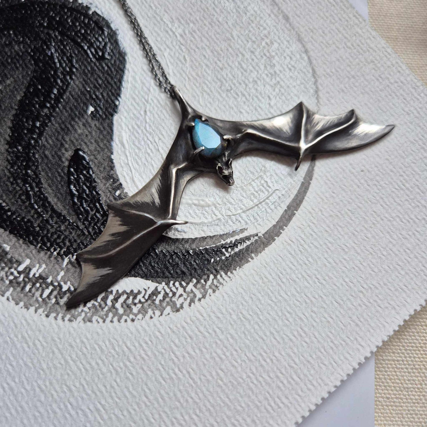 Aurora Bat pendant with a faceted blue labradorite gem, handmade Witchy - Vampire cosplay talisman left