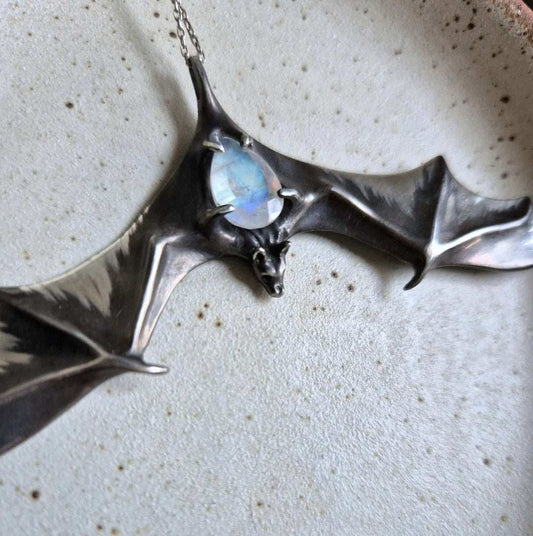 Bat necklace in Sterling silver with Rainbow Moonstone gem