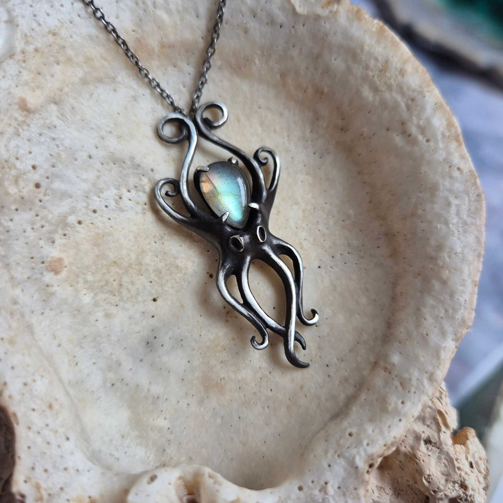 Silver octopus pendant, Mermaid silver jewelry octopus on plate side