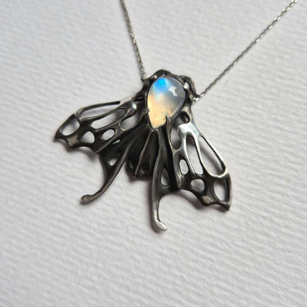 Lunar Moth Pendant, Silver Talisman with a rainbow moonstone gem