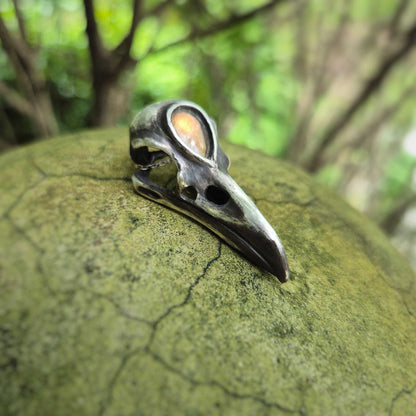 Golden sheen Three-eyed Raven Skull pendant with a labradorite cabochon gem, handmade Norse witch silver talisman