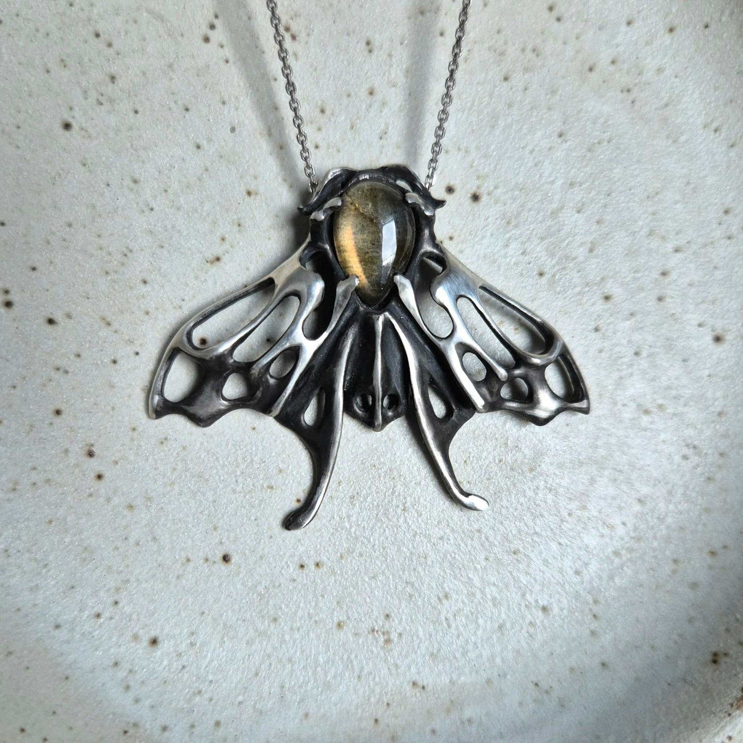 Golden Aurora Moth pendant - Made to Order - with a golden labradorite cabochon gem, silver talisman