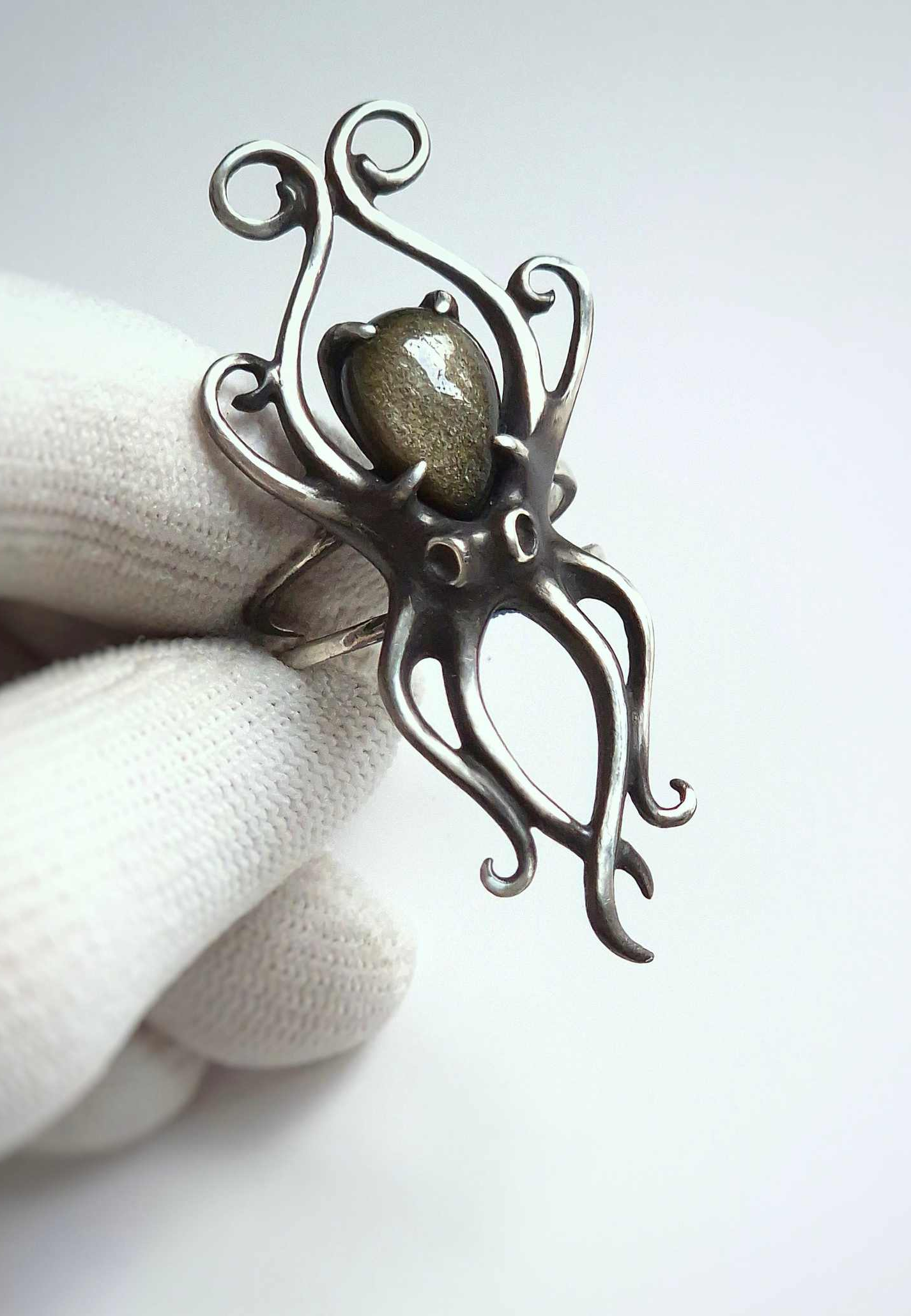 octopus ring in sterling silver - golden obsidian