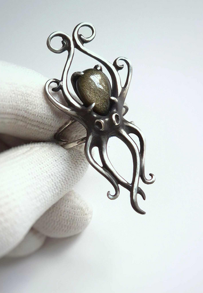 octopus ring in sterling silver - golden obsidian
