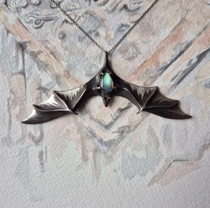 Silver Bat Pendant with Blue Labradorite, Handmade Gothic Talisman. Top view