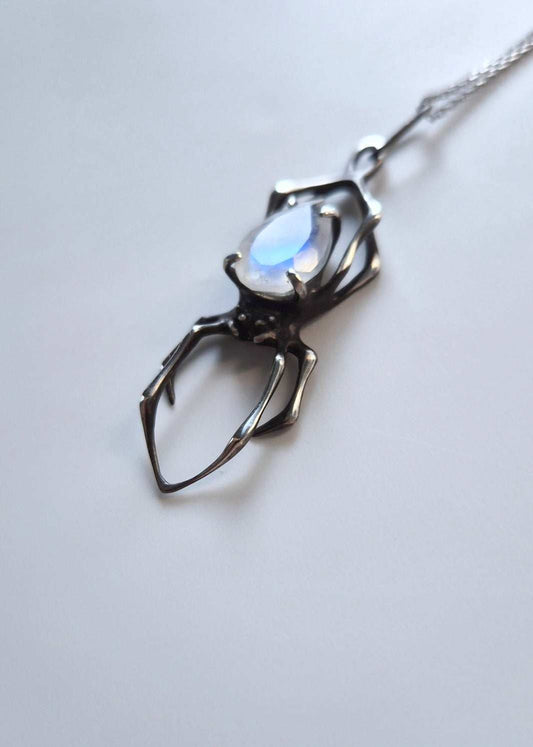 Spider necklace  - Rainbow moonstone gem  - Handmade oxidized jewelry
