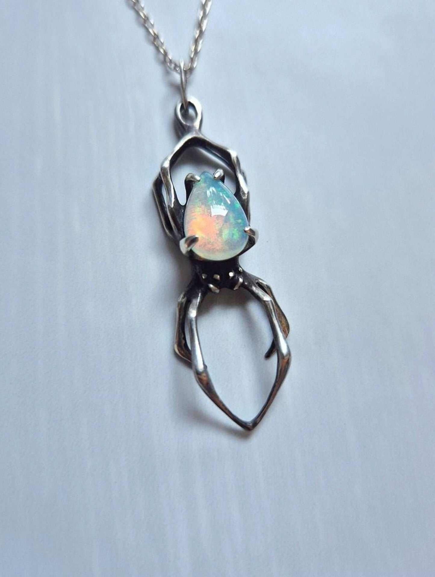 spider necklace in sterling silver – opal - one-of-a-kind