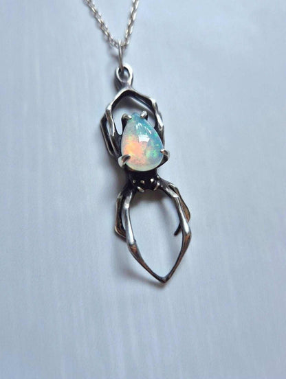 spider necklace in sterling silver – opal - one-of-a-kind