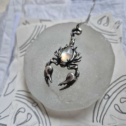 Lunar Scorpion pendant with a moonstone cabochon gem; Witchy silver jewelry