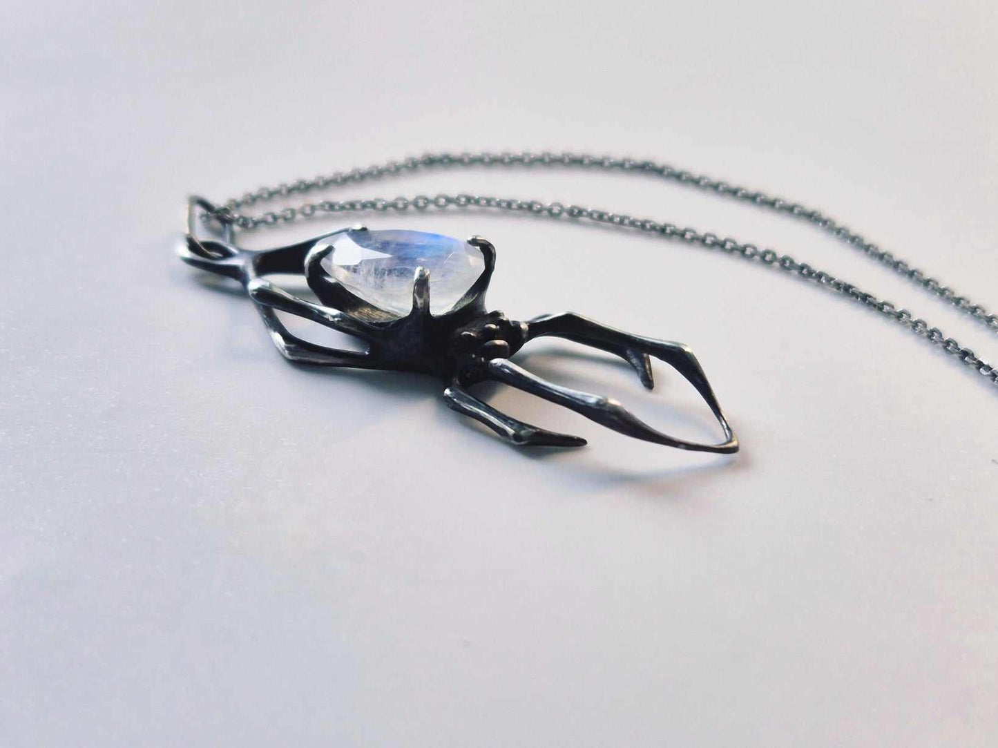Spider necklace  - Rainbow moonstone gem  - Handmade oxidized jewelry