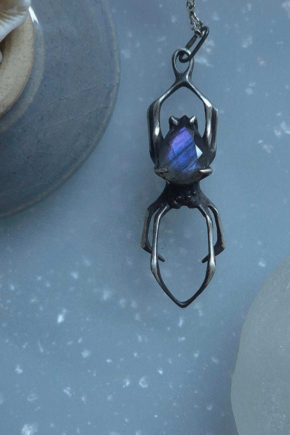 Lavender spider pendant with a faceted purple labradorite gem, handmade Witchy silver talisman